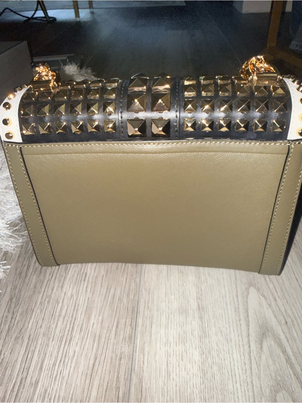 Michael Kors Olive, Black & White Studded Crossbody with Gold Chain - Picture 3 of 5